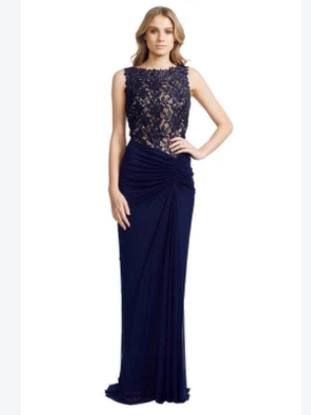 Tadashi Shoji Lace Bodice Draped Maxi Gown Dress Navy 8